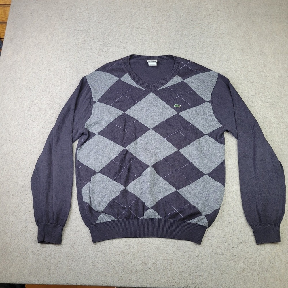 Lacoste V-Neck Argyle Sweater‎ Mens Size 7 (Large) Gray Pullover Preppy